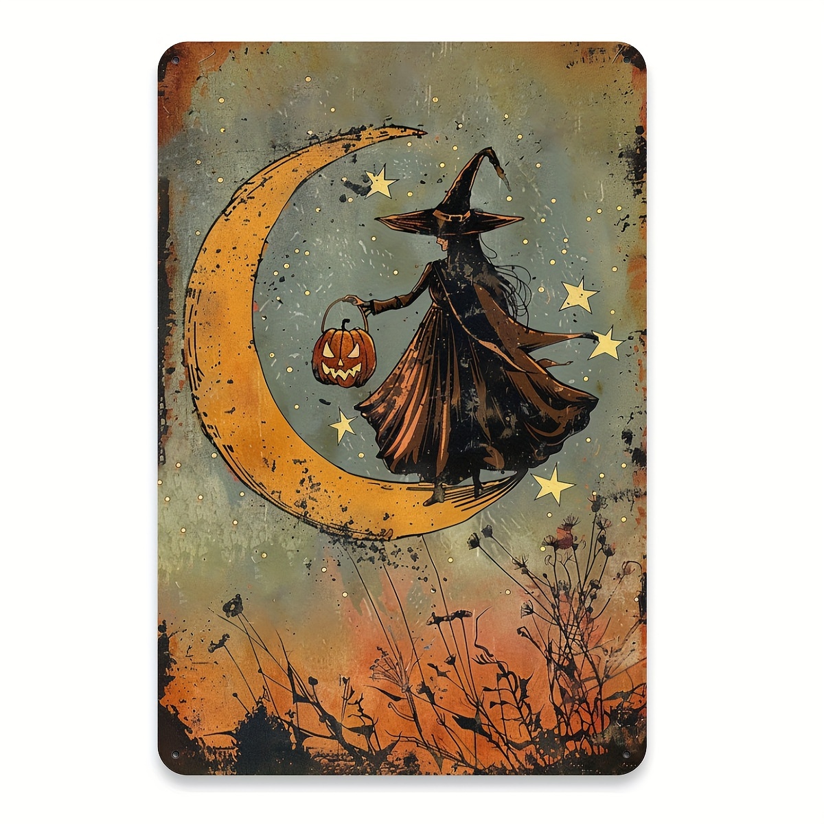 

Vintage Witch On Moon Metal Tin Sign, Iron Wall Art Decor For Home, Cafe, Garage, Library, Club, Foil Engraving Retro Iron Painting For Events, 8x12 Inches