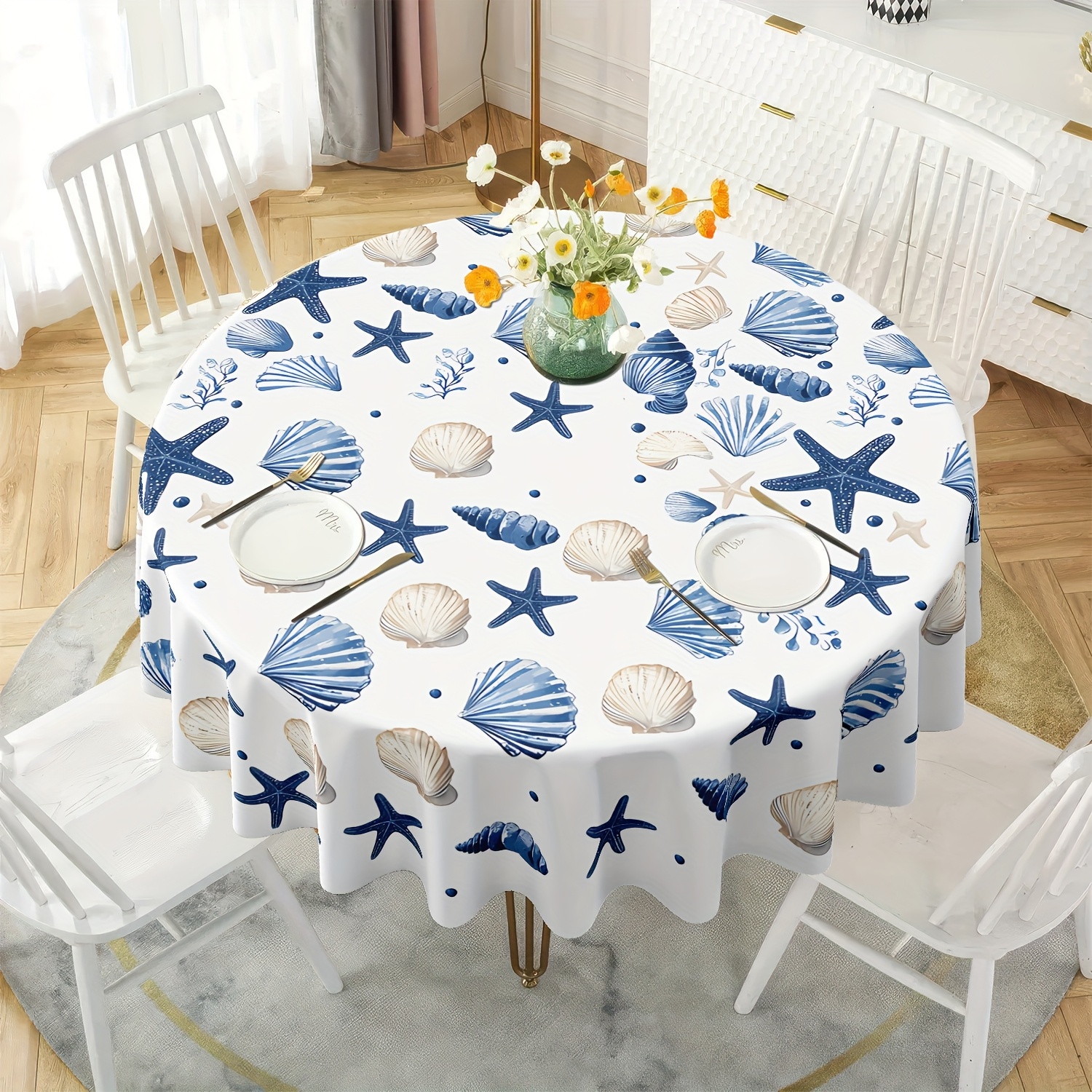 TEMU 1pc Round Tablecloth, Seashell And Starfish Pattern - Seaside Style Theme, Durable Polyester Fabric, Easy To Clean Tablecloth For Kitchen And