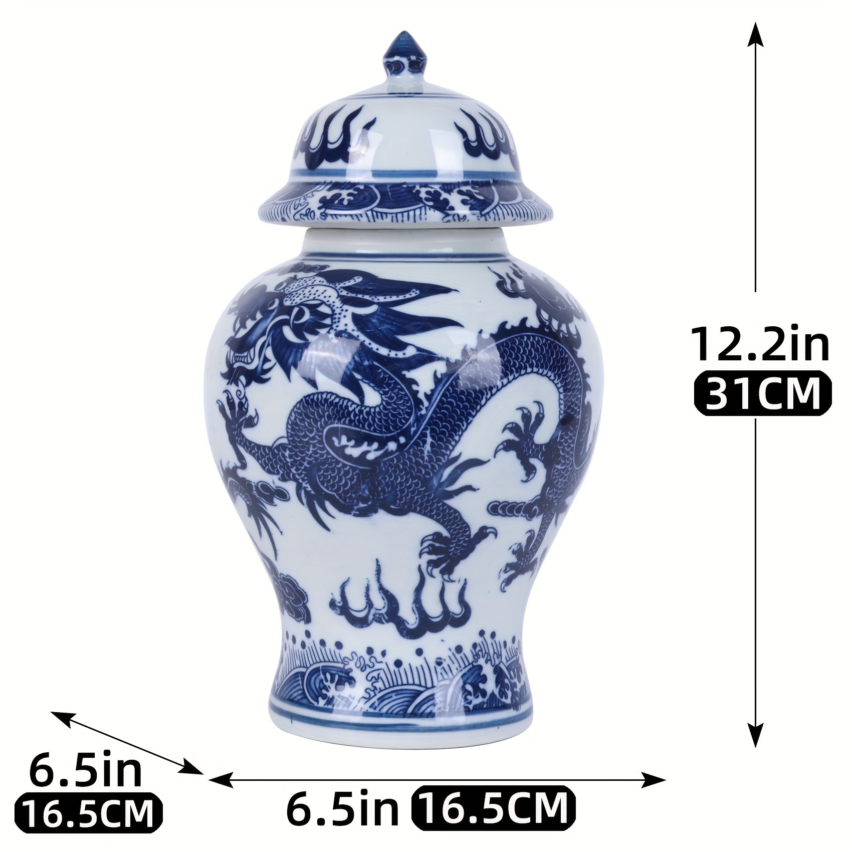 手作り中国青花磁器の壺 龍蓋付き伝統的な花瓶 装飾用ラウンドフリップ