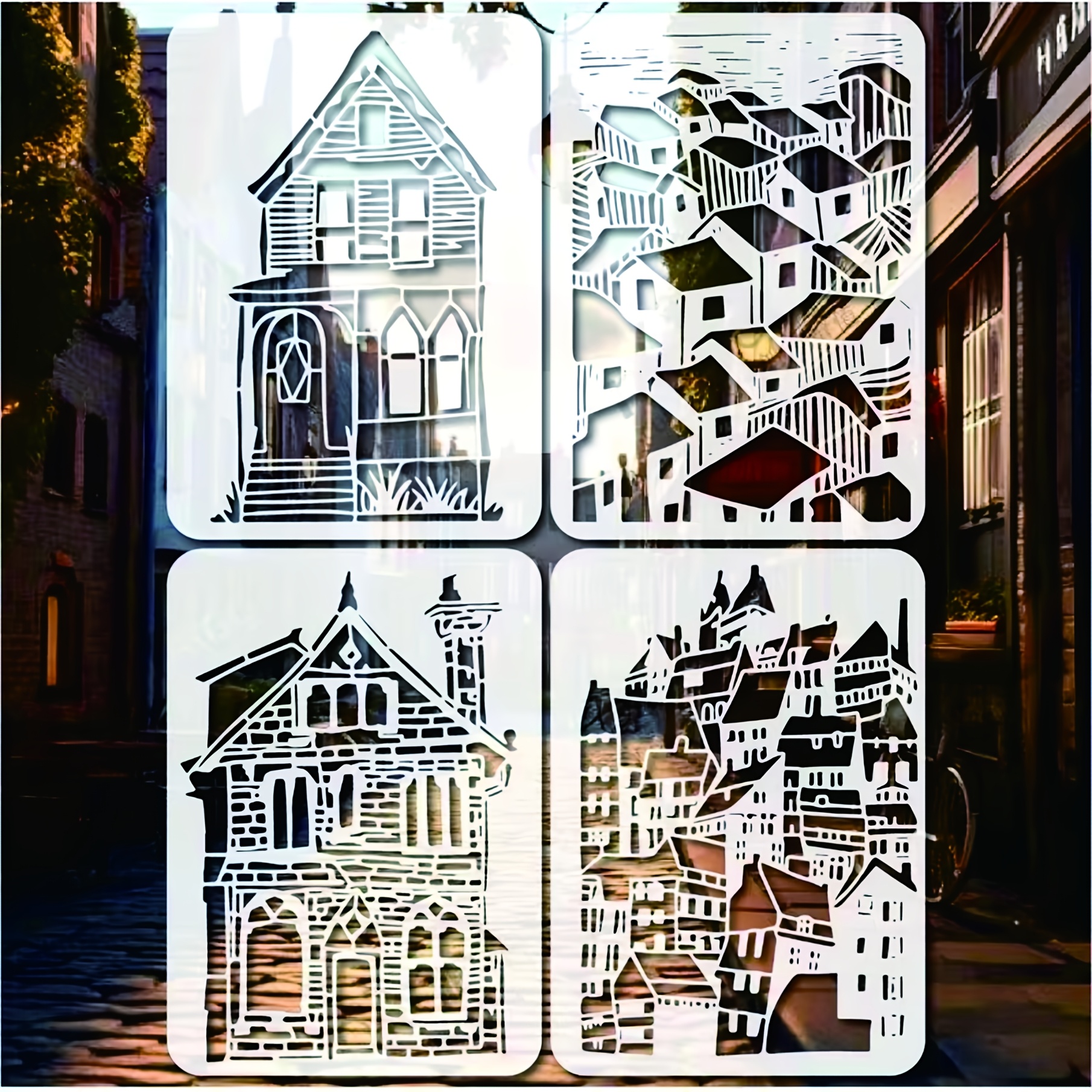 E-shop 4er-Set Bau-Schablonen, 8,,7 Zoll / 21 x 29,7 Architektur Muster Schablonen für - und Land-Szenen, geeignet für Bastelarbeiten, Möbel und