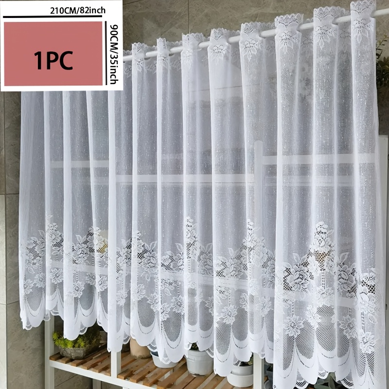 Image of 1pc Elegant White Floral European Style Cafe Curtain - Semi-sheer, Rod For Kitchen & Living Room, Machine Washable Polyester, Adds , Kitchen Decor