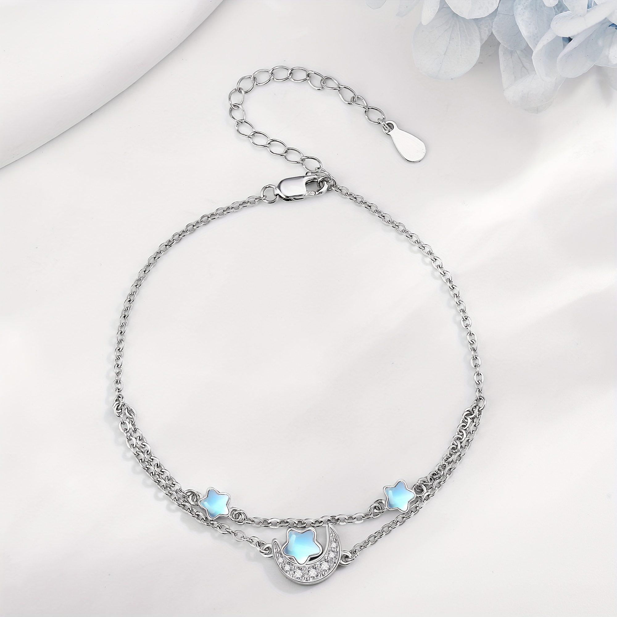 S925 Silver Moon Star Bracelet with Moonstone for Women