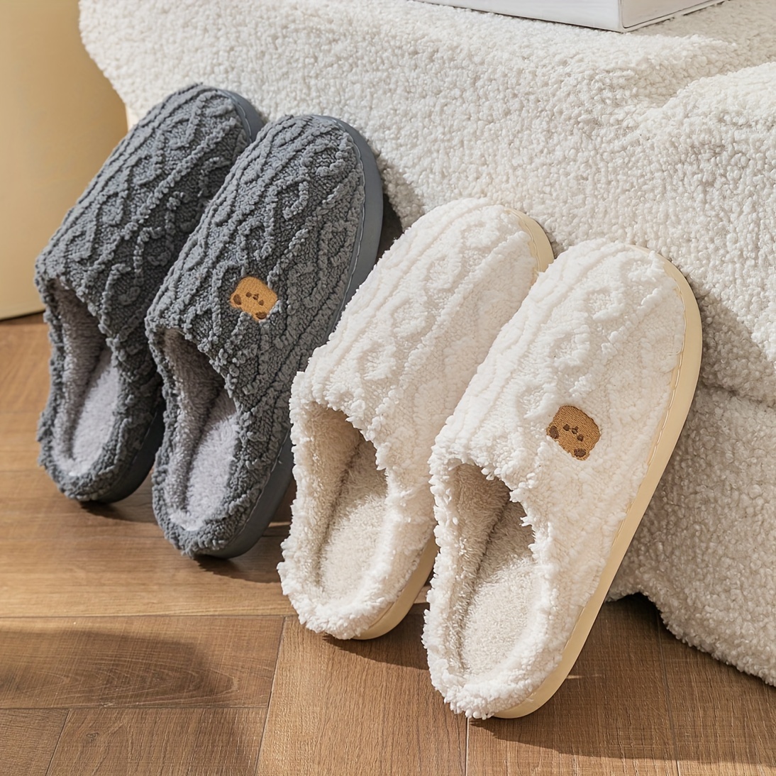 

-patterned Plush Slippers For Women - Warm, Fluffy Indoor Footwear With Soft Fabric Lining And Non-slip Tpr Sole, In Gray And Cream, Indoor Slippers