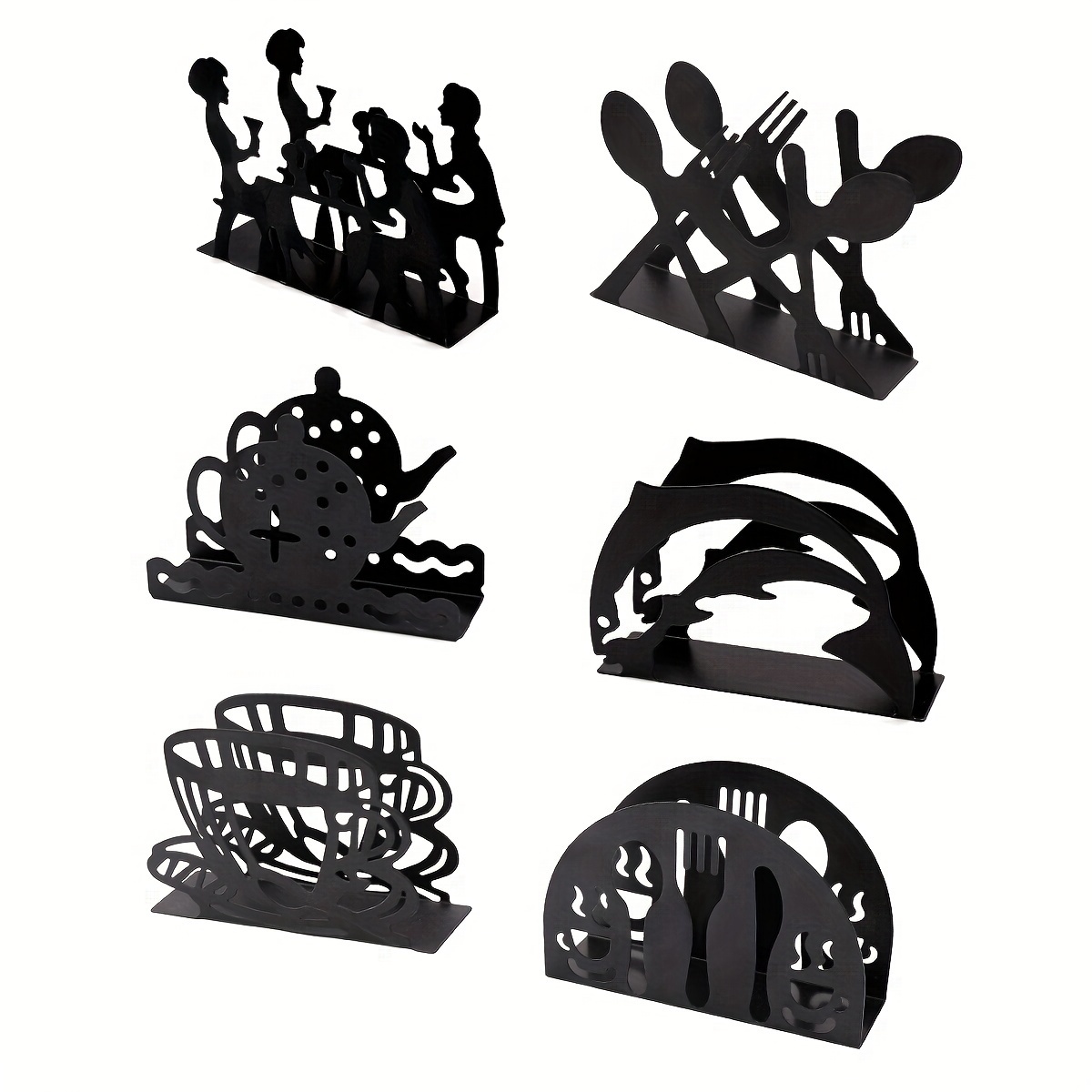 

1pc Iron Napkin Holder - Vertical Standing Kitchen Tissue Rack With Cartoon Teapot, Whale, And Cutlery Silhouettes - Hollow Design Tabletop Decor And Organizer