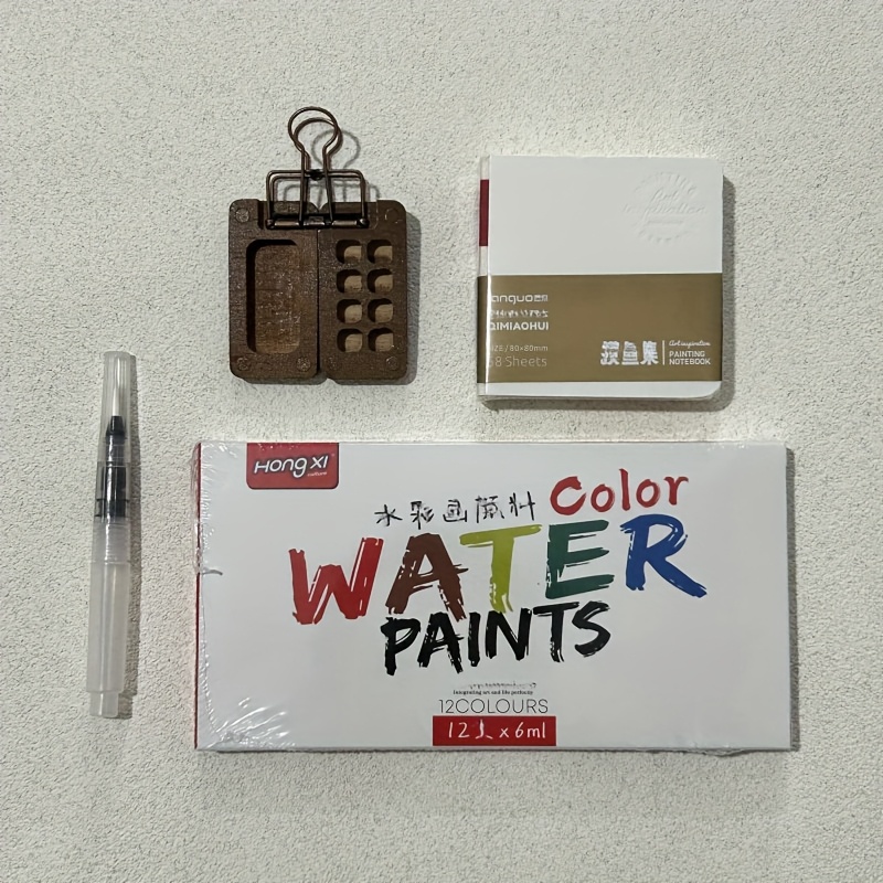Image of Mini Travel Watercolor Palette Pocket Set - This Kit Includes A 8-unit Portable Wooden Palette, A 12-color Paint Box, A Portable Outdoor Sketch Palette, A Wooden Grid Box