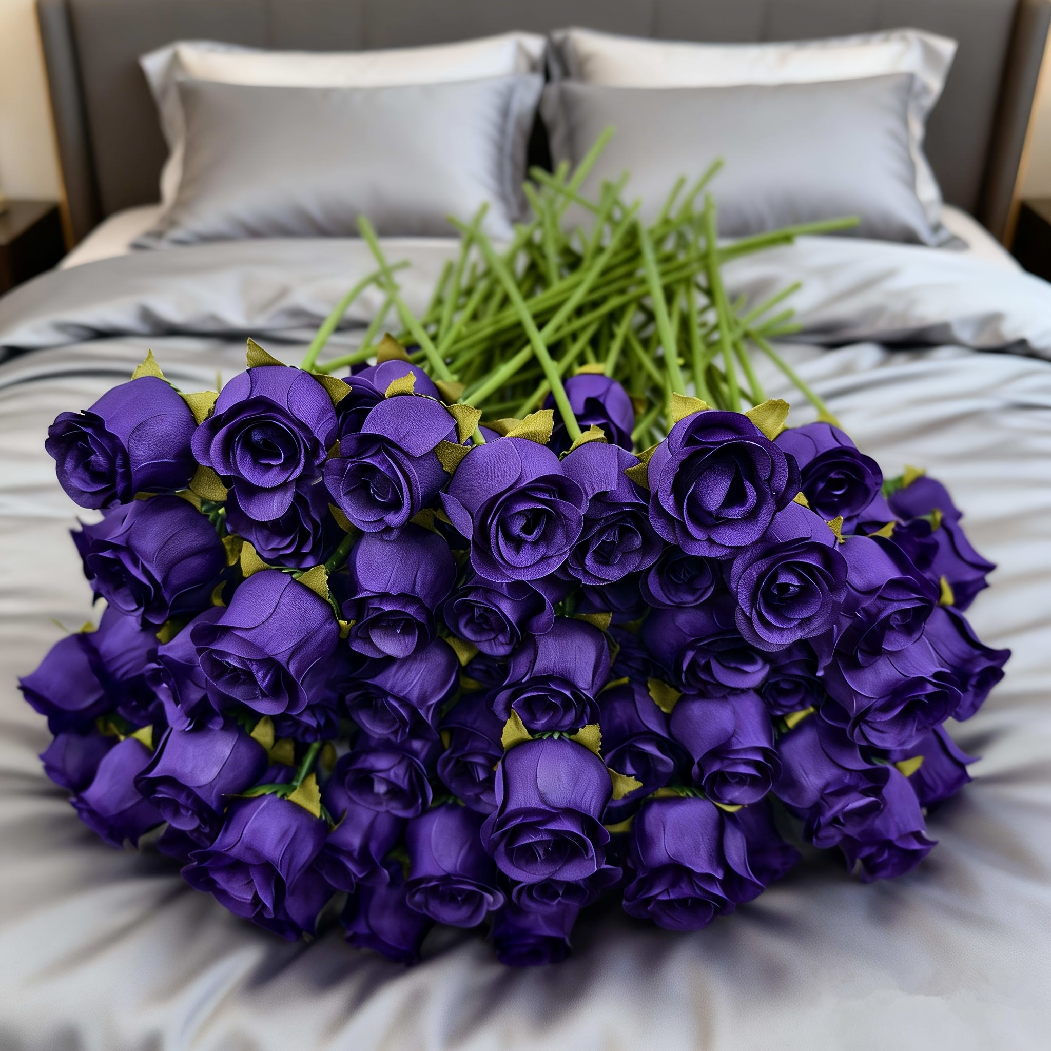 Image of 50pcs Purple Rose Artificial Flower Bouquet, Small Dulcet Rose Heads, Suitable For Vase Arrangements, Home Decor, Diy, Wedding, Hotel, And Handmade Decoration, Christmas Decor, Halloween Decor