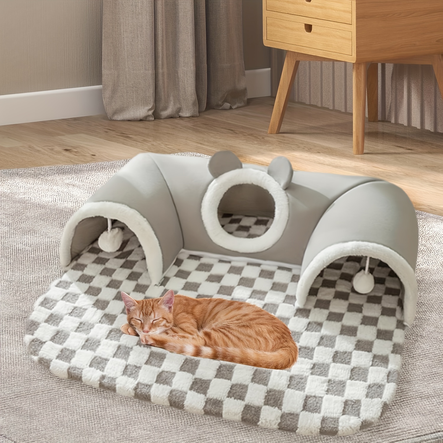 cozy cat tunnel bed washable play mat for indoor cats small pets square shape with removable cover gray details 4