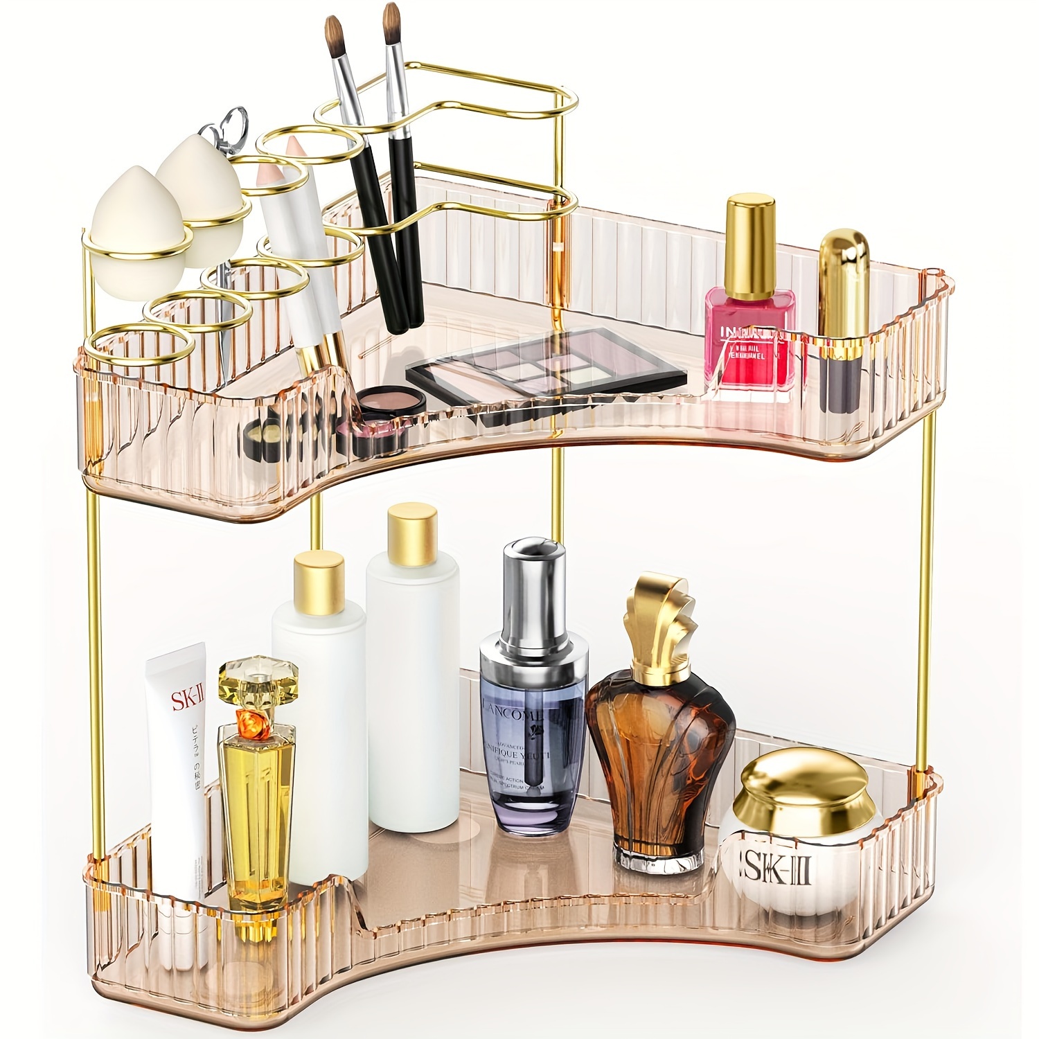 

Bathroom Counter Organizer, Countertop Bathroom Organizers And Storage Corner Makeup Organizer For Vanity With Brush Holder Perfume Tray Cosmetic Skincare Shelf For Dresser Kitchen 2 Tier