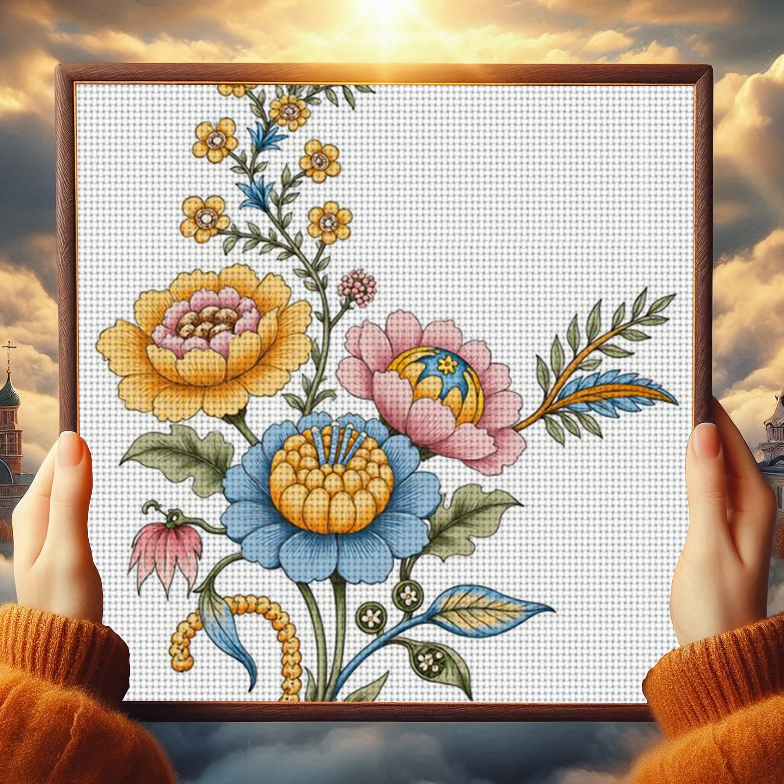 Cross Stitch Printed Kit, Frameless Colorful Floral Illustration
