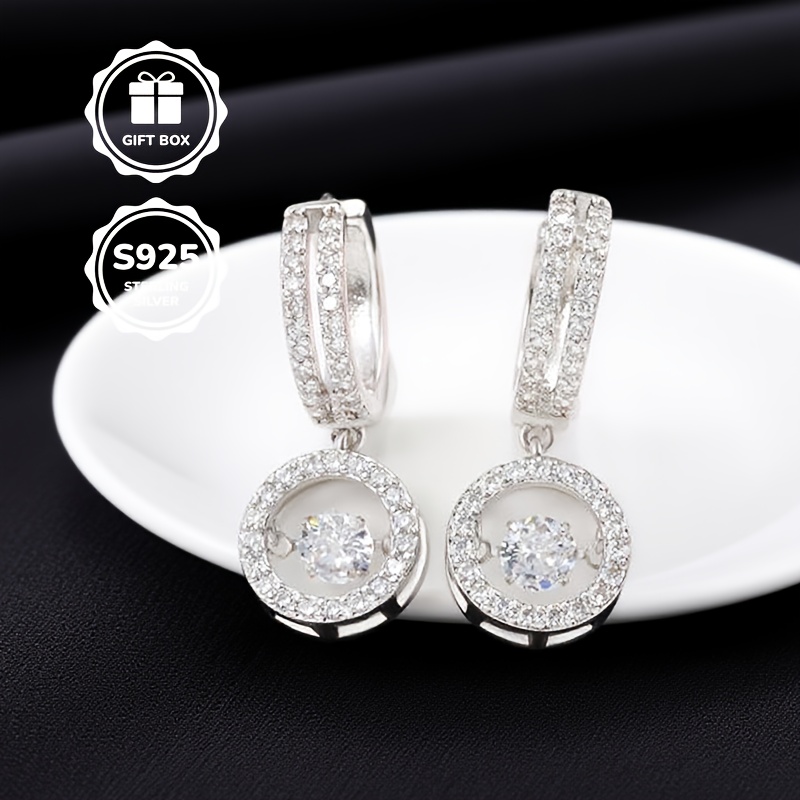 s925 silvery plated sticker earrings   dancing cubic synthetic zirconia pendant earrings ladies shiny circular   cz pendant earrings clear fashionable jewelry daughters mothers birthday party gift Product details 5