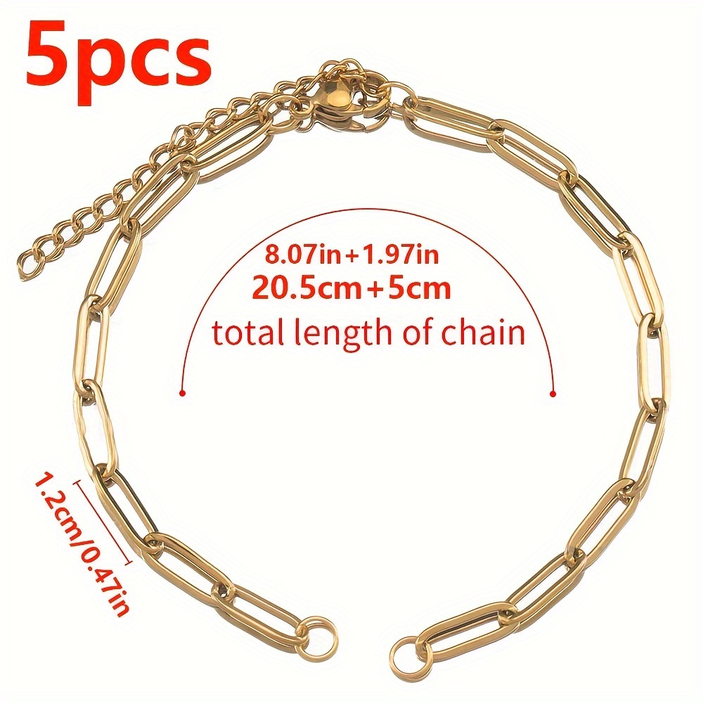 5pcs 304 Stainless Steel Diy Adjustable Chain Paper Clip Chain With Lobster Clasp Adjustable Double Ring With Attached Pendant Accessories