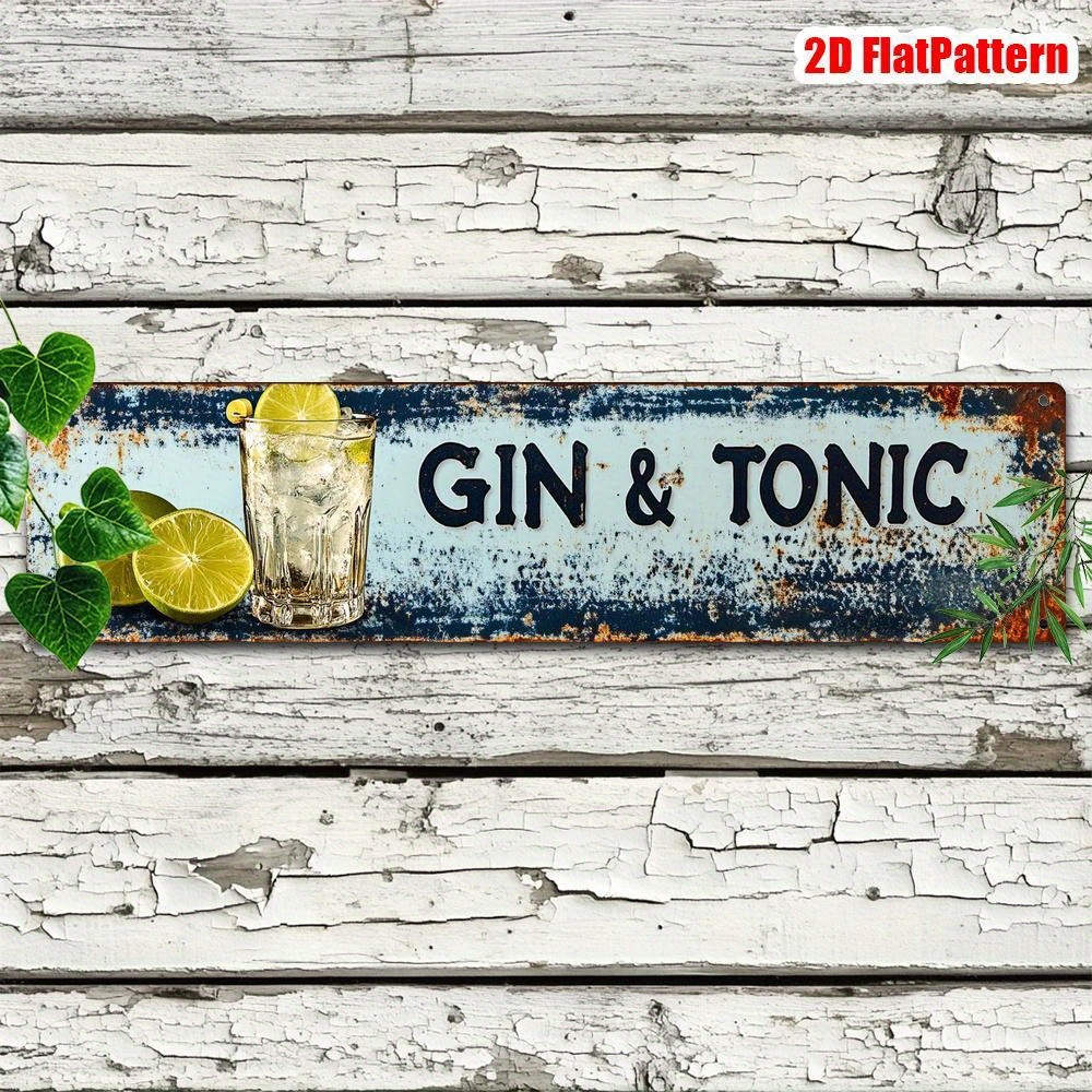 TEMU Design piatto 2D, singola pezzo, Placca in metallo GIN & TONIC - 3.94 X 15.74 pollici | Decorazione in metallo per casa, fattoria, bar e | ,