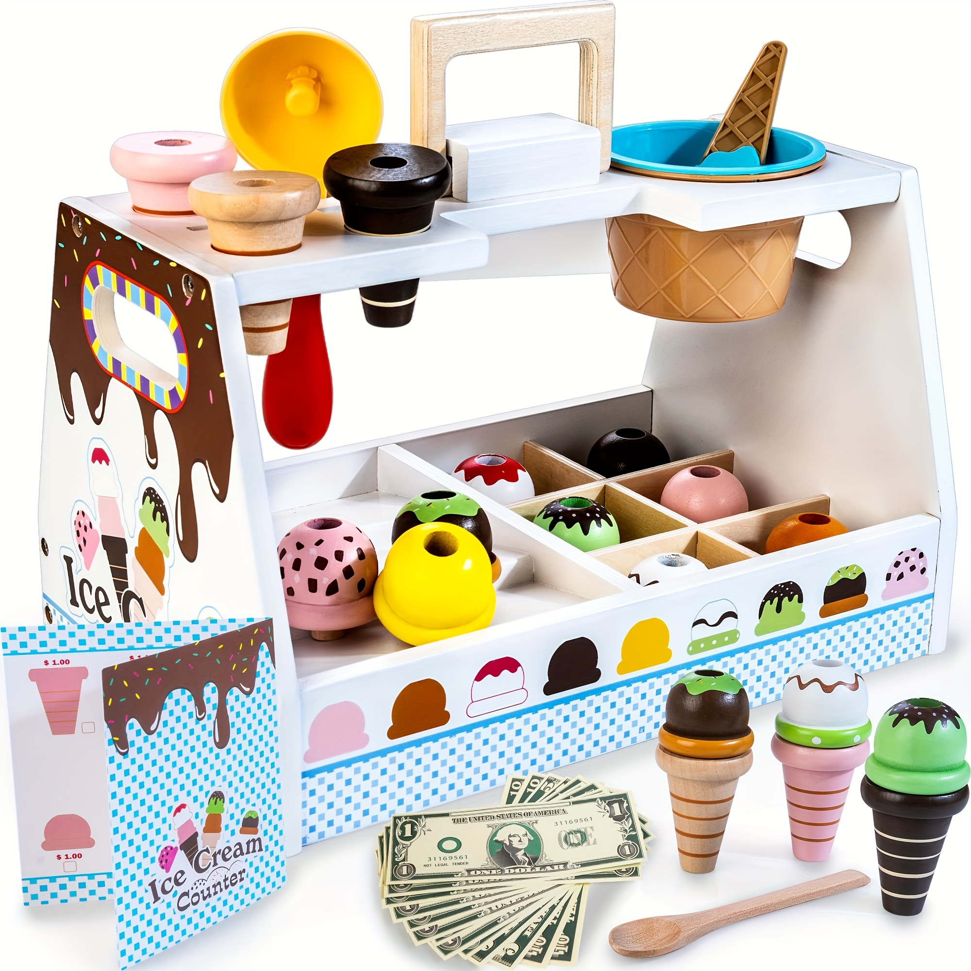 

Wooden Ice Cream Toy For Kids, 33 Pcs Pretend Play Food For Toddlers 3-5 Portable Ice Cream Stacking Toy, Toddler Toy Kitchen Playset Gift For 3+ Christmas, Gift