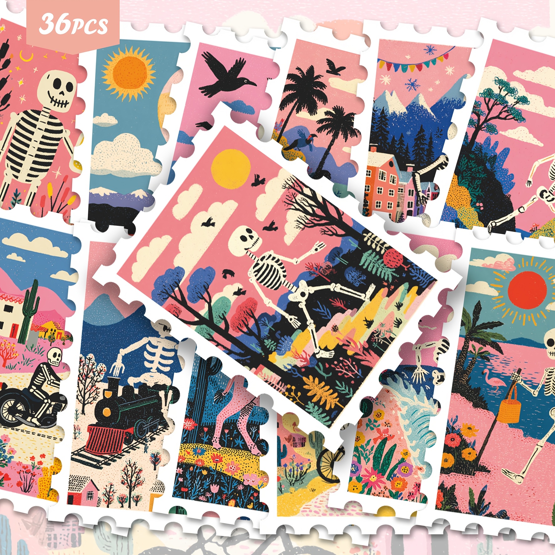 TEMU 36pcs Vintage Skeleton Adventure Postcard/sticker Set Tropical Fantasy Travel Illustration Skeleton In Jungle Desert Train Sunset Pop Collection