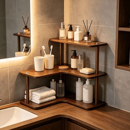 item picture l shaped 3 tier corner desktop shelf walnut wood grain multifunctional storage rack gaming room figure controller dressing table makeup corner organizer home desktop corner tiered storage shelf corner shelves