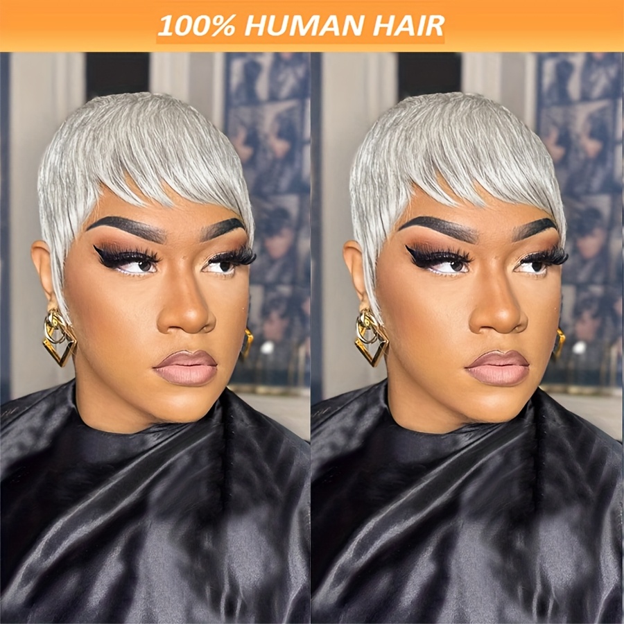 

Elegant Gray Wig For Women, 4 Inch Straight Human Hair With Bangs, Glueless Cap, 180% Density, Grandma Style, Silvery Grey