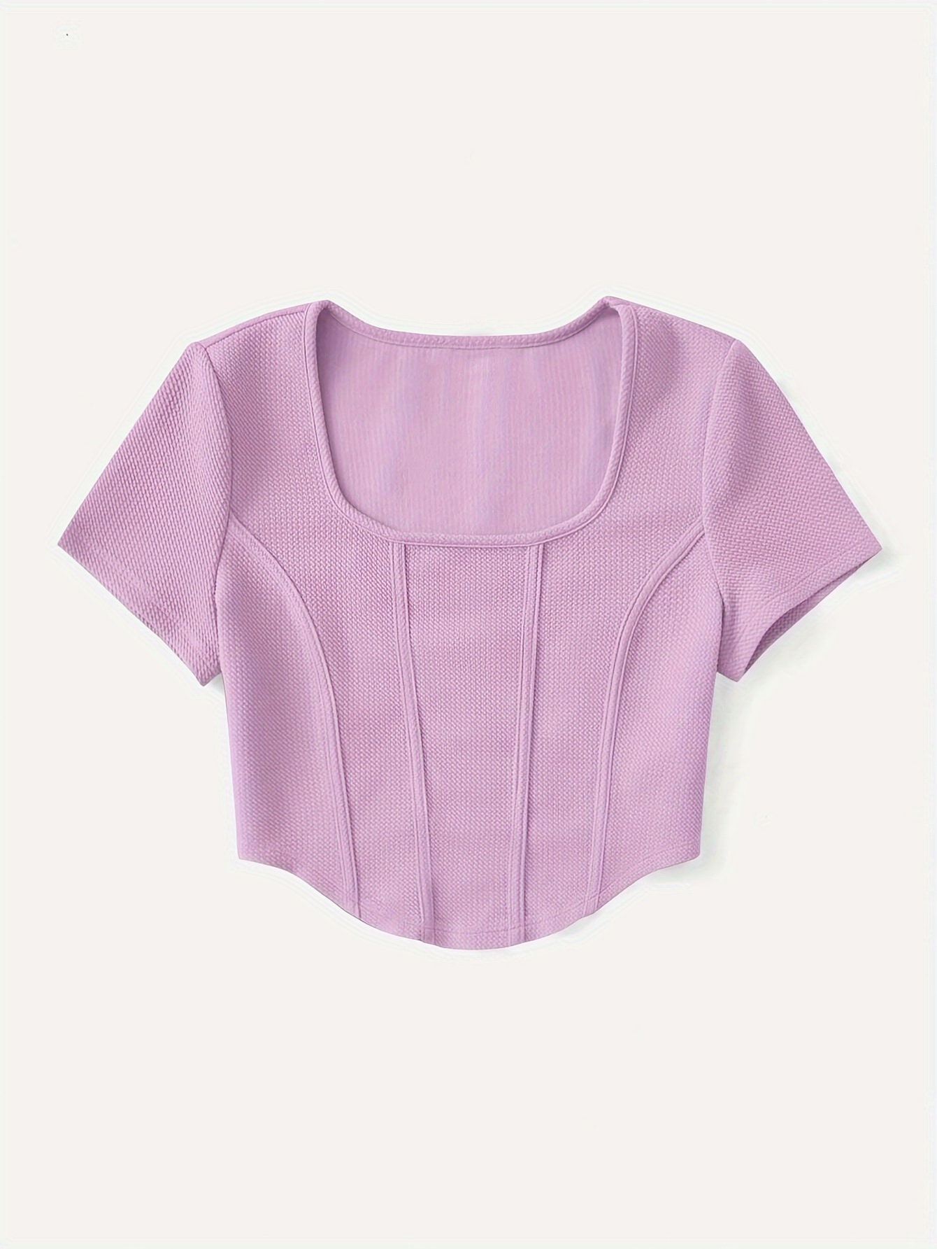 Solid Color Square Neck Bustier T-shirt, Casual Short Sleeve Crop Knitted T-Shirt For Summer, Women's Clothing