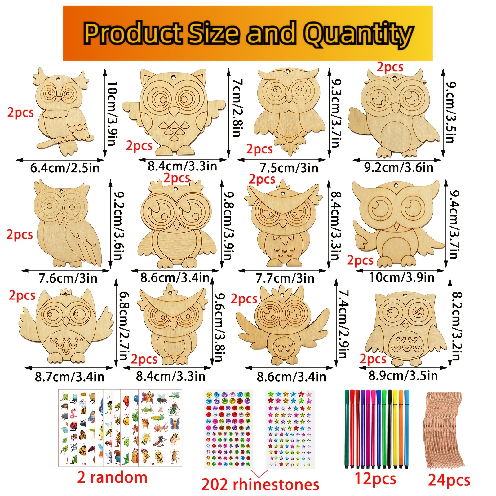Image of 264pcs Owl-themed Wooden Craft Kit, Kids Handmade Set, Craft Kit, Birthday Craft, Includes 24pcs Wood Pieces, 24pcs Strings, 202pcs Beads, 12pcs Pens, Random 2pcs Decorative Stickers