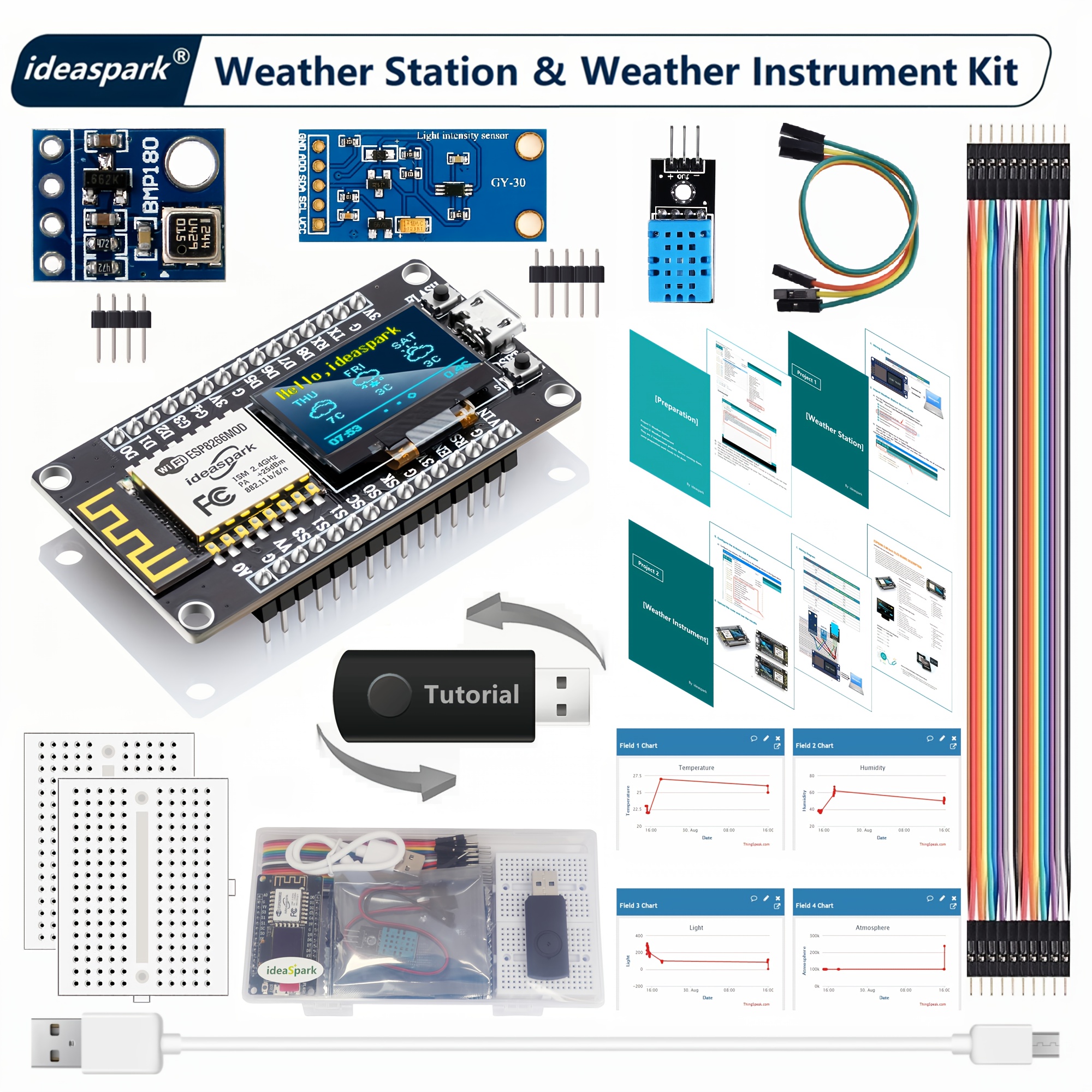 

Ideaspark® Esp8266 Weather Station Kit - Nodemcu With 0.96" Oled, Dht-11, Bmp-180, Bh1750 Sensors For Arduino & Iot Projects - Usb Powered, Black