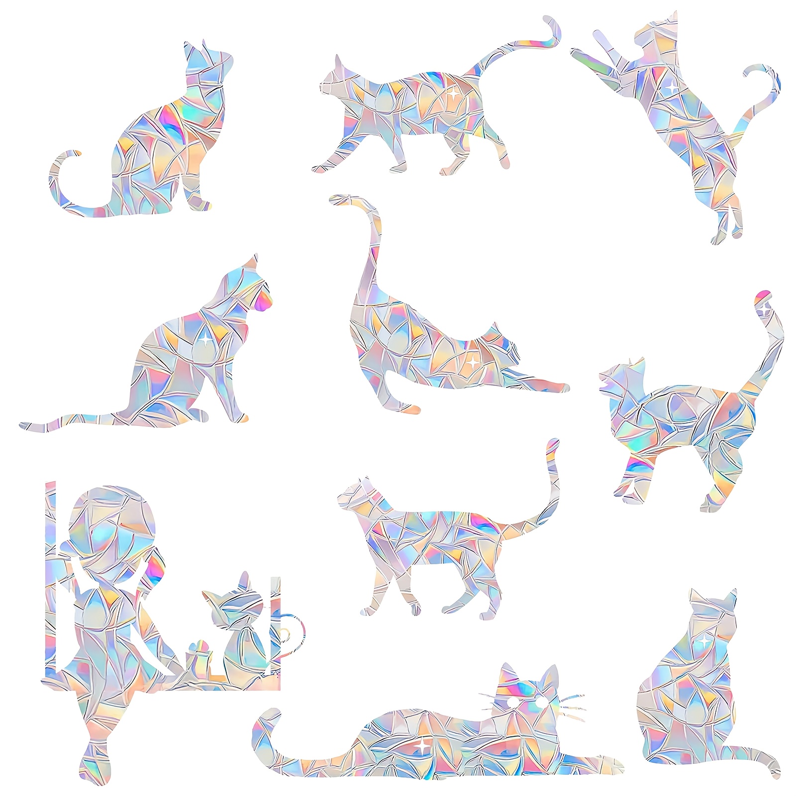 Image of 11pcs Cat Window Clings - Anti-collision Window Decals To Birds From Window , Non Adhesive Prismatic Vinyl Window Clings, Rainbow Stickers