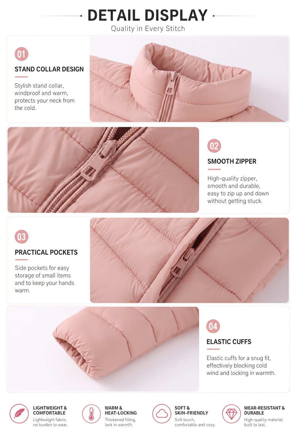 Women's Spring Slim-Fit Lightweight Warm Solid Color Jacket - Elegant, Stylish, and Versatile Beautiful Jacket - Stand Collar Zipper Long Sleeve - Casual Padded Polyester Fiber Cropped Coat - Seasonal Transition Jacket - High-Quality Classic Popular
