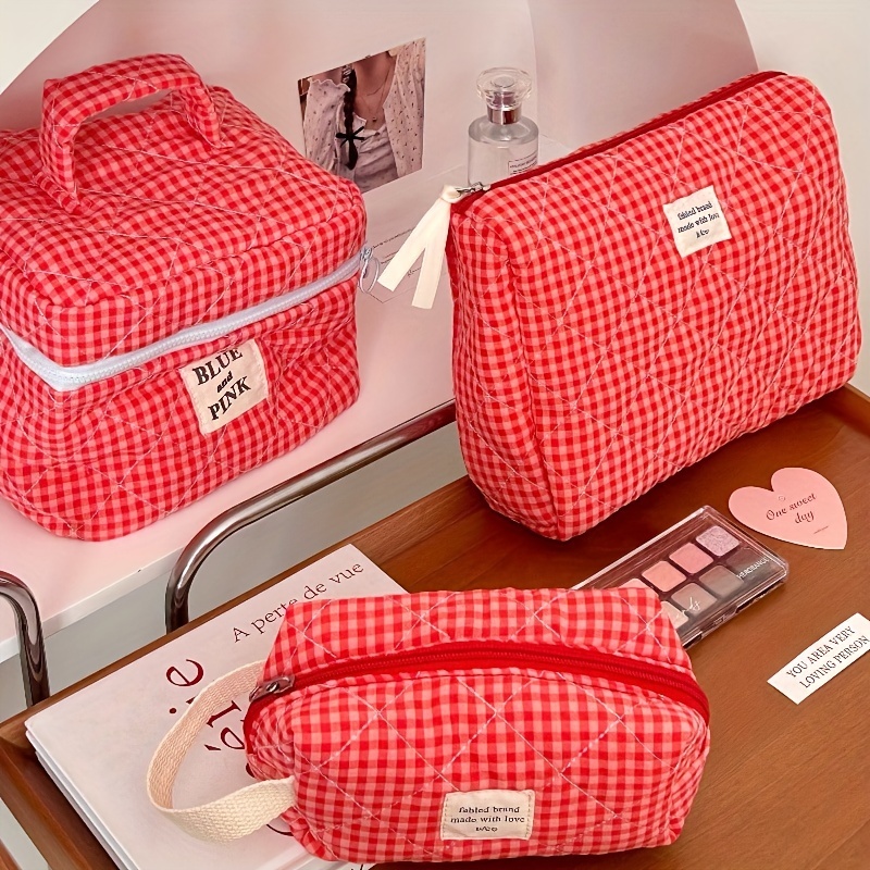 

Women Quilted Plaid Makeup Bag, Travel Large Capacity Soft Cosmetic Organizer Pouch, Portable Toiletry Bag Cotton Cosmetic Pouch