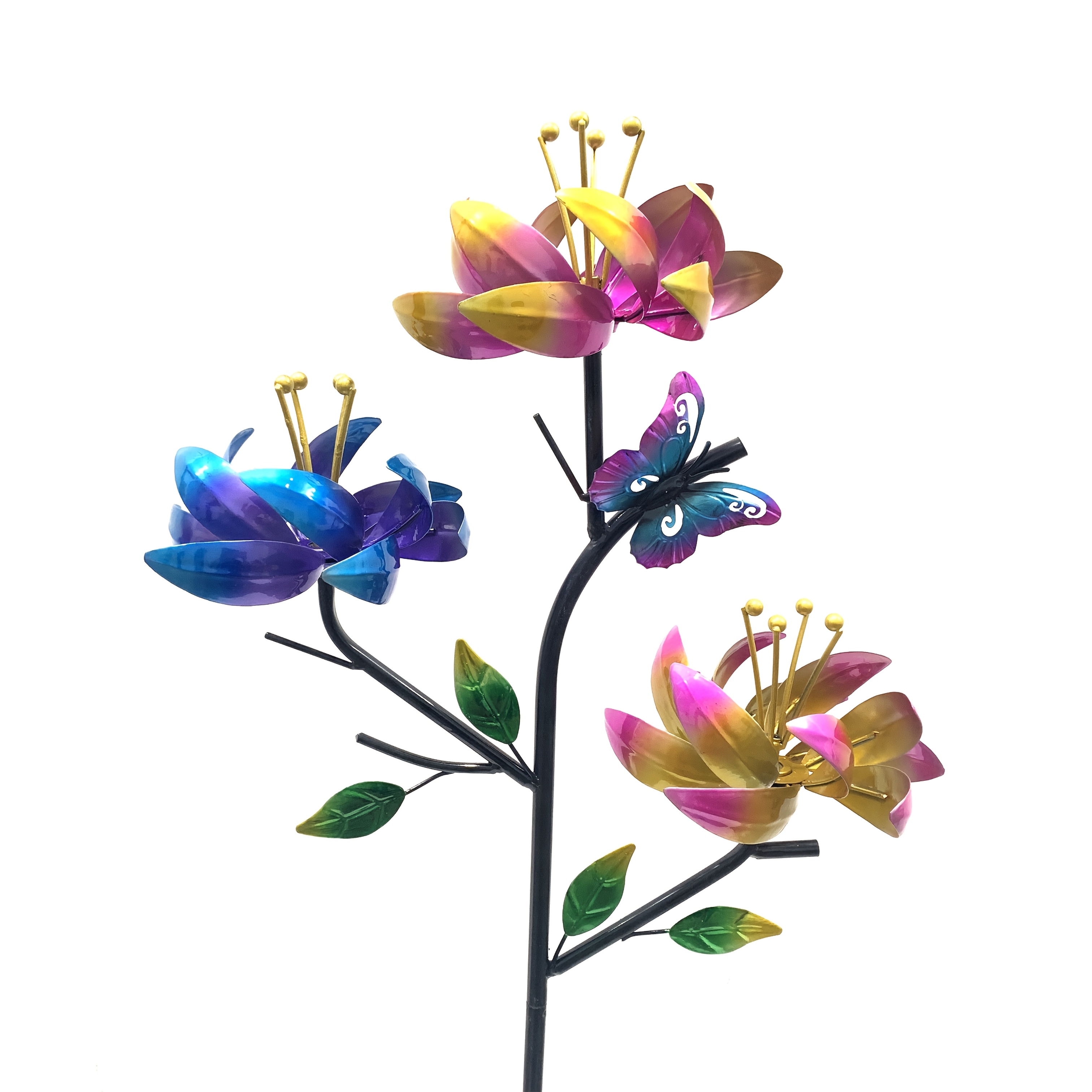 Image of 3d Metal Flower Windmill, Metal Wind Spinner With 3 Rotating Flower Windmill Decorations, Outdoor Courtyard Garden Art Decoration, Battery Not Included - Gift For Her