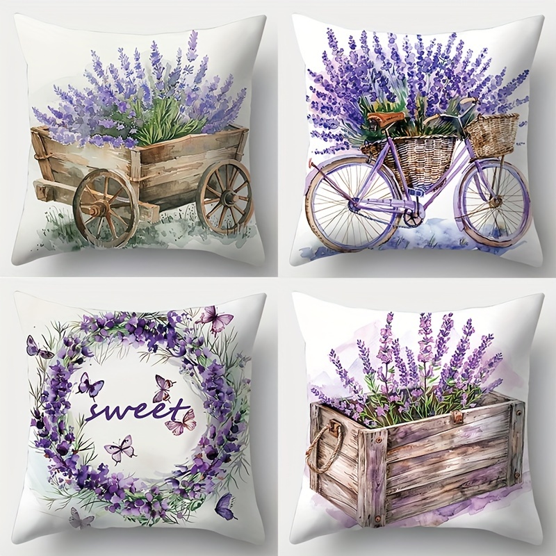 

4pcs Contemporary Lavender Flower Throw Pillow Covers, Hand Wash Only, Zipper Closure, Woven Polyester, Decorative Print Cushion Cases For Various Room Types - 17.72x17.72 Inches