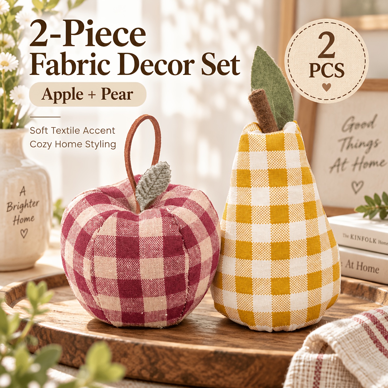 TEMU Juego de 2 adornos decorativos de tela y , esculturas de frutas tejidas a cuadros. Adecuados para salas de estar, dormitorios, estantes,