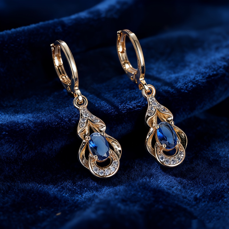 E-shop Ein Paar Champagner-Goldene Ovale Blaue Geometrische Synthetische Zirkonia Ohrringe, Vintage Exquisite Urlaub Luxus Musikfestival Mode Süße