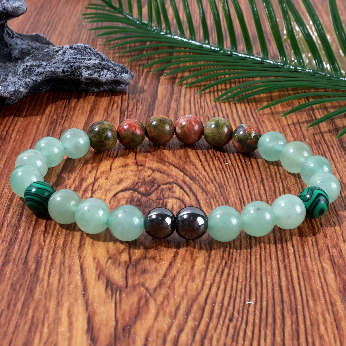 Peacock Green Flower Agate Bracelet, Natural Crystal Beaded