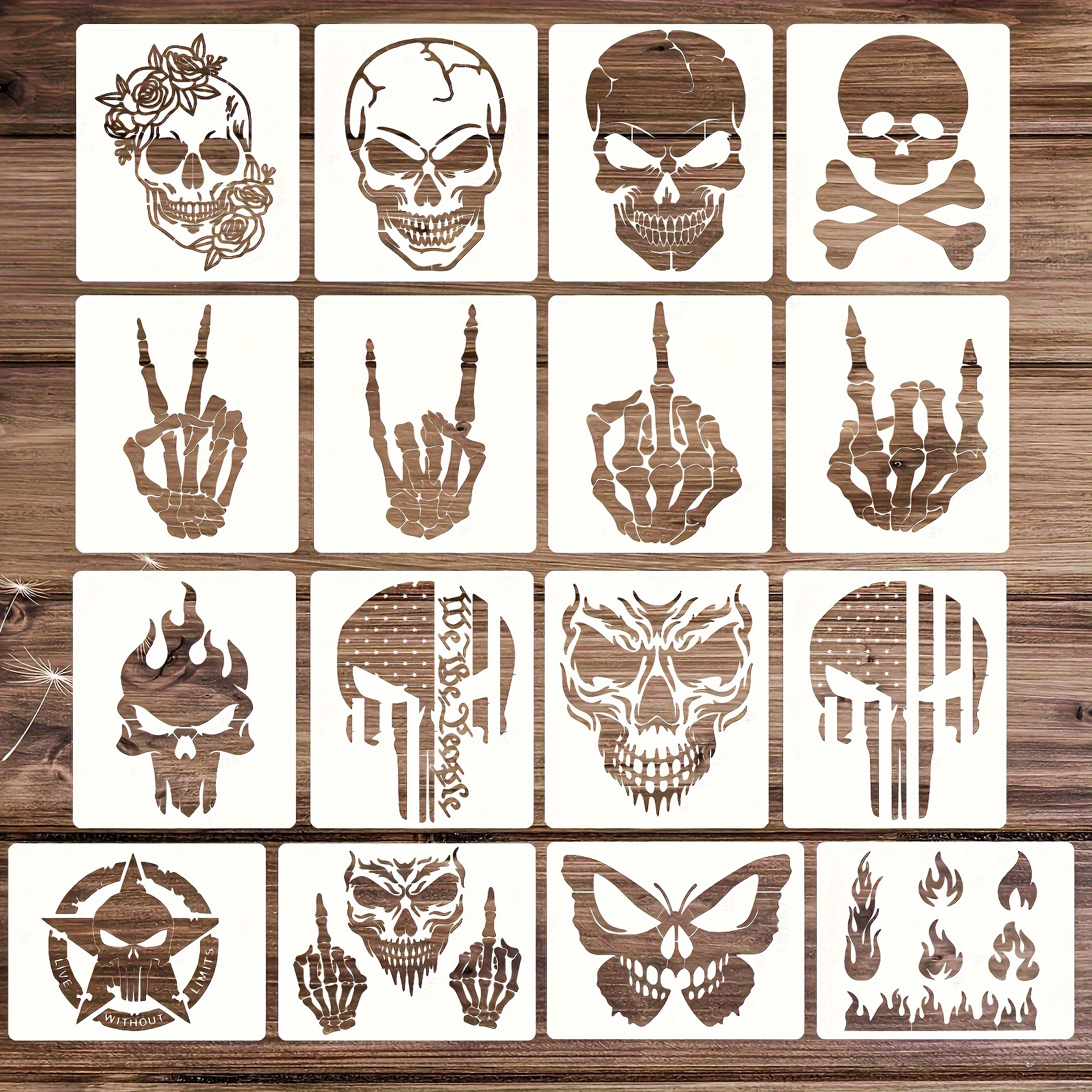 

16pcs Stencils For Painting On Wood Flame Skeleton Hand Finger Fire Templates For Airbrushing Art Crafts Plastic Reusable Wood Burning Stencils