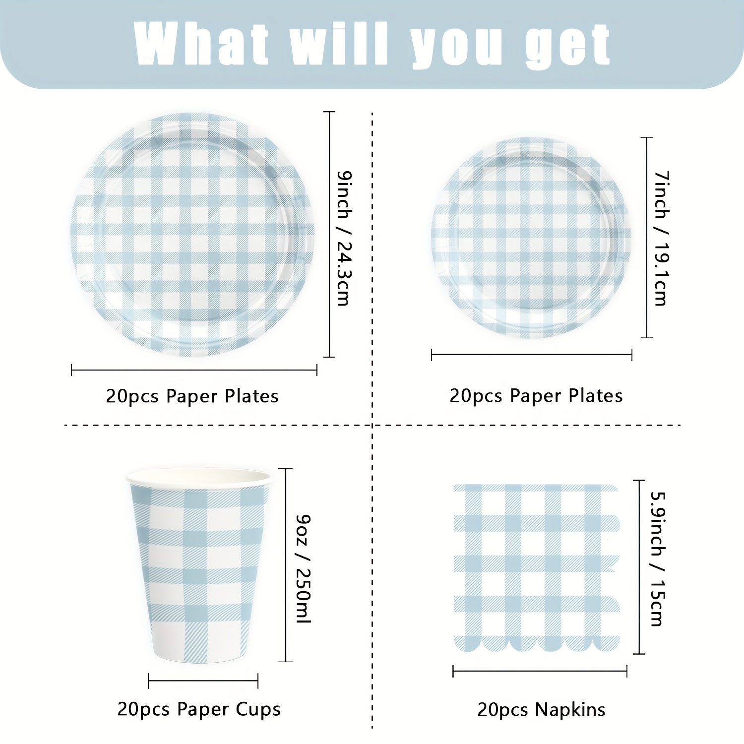 Image of Gingham Blue And White Party Supplies Paper Plates Napkins Cups For Birthday Dinner Picnic Barbecue Father's Day Party, Serve 10 I Perfect For Halloween