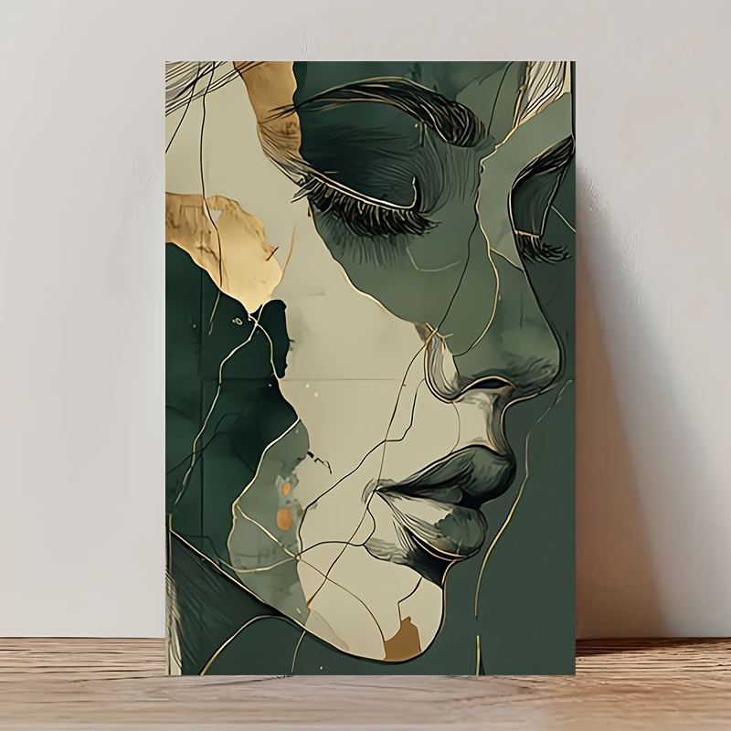 TEMU Peinture sur toile plate 2D, 2D Flat, 2D Flat, 1pc ( cadre) Œuvre d'art murale abstraite du visage de femme avec des vert et dorées. Ce portrait