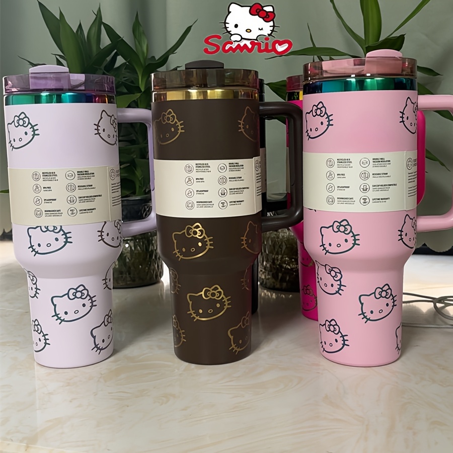 Sanrio Hello Kitty Steel Vacuum Insulated with Cute Hello Kitty Design, Double-Wall Thermal for Hot & Cold Drinks, Leakproof & -Slip Handle, Pink/Black, Ideal for Office, Camping, Travel, Gift for Women & Men