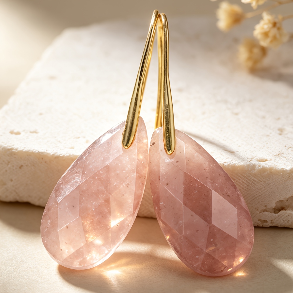 Women's Cherry Quartz Pendant Earrings with Water Droplets
