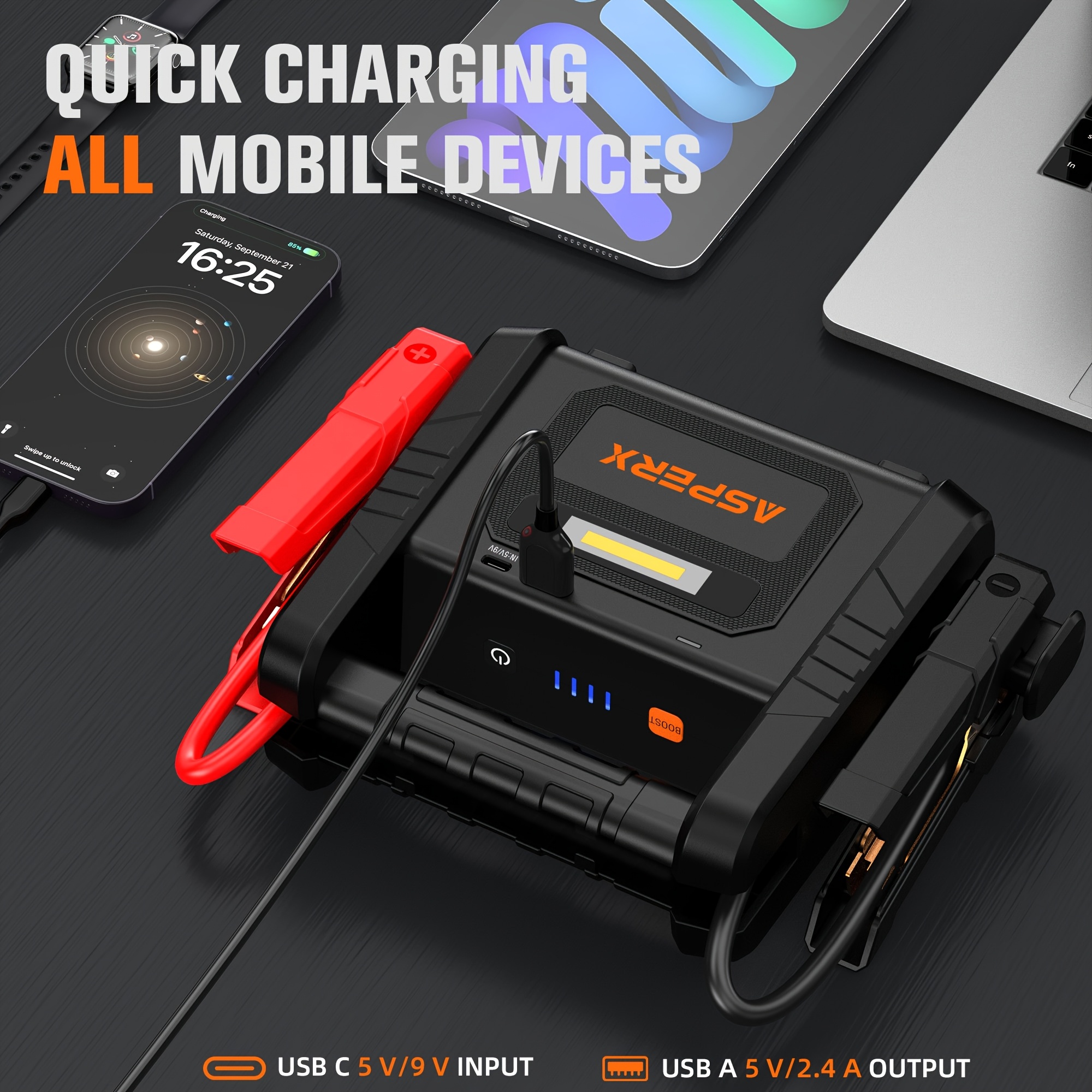 AsperX 6000A Jump Starter (up to All Gas Or 2.64gal Diesel Engine) 12V Car Battery Booster Pack for RV Truck SUV Portable Mobile Power Bank, Large-capacity Storage with LED Flashlight Strong Light USB-C Output