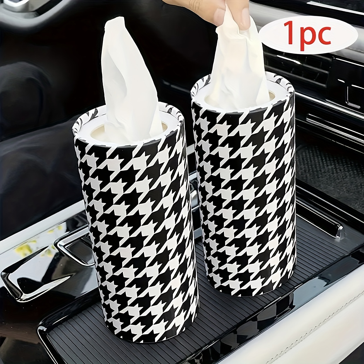 

1pc Houndstooth Car Tissue Holder, Black And White, Round Paper Tube, Multi-functional Vehicle Tissue Dispenser, Cute Cartoon Car Interior Accessory