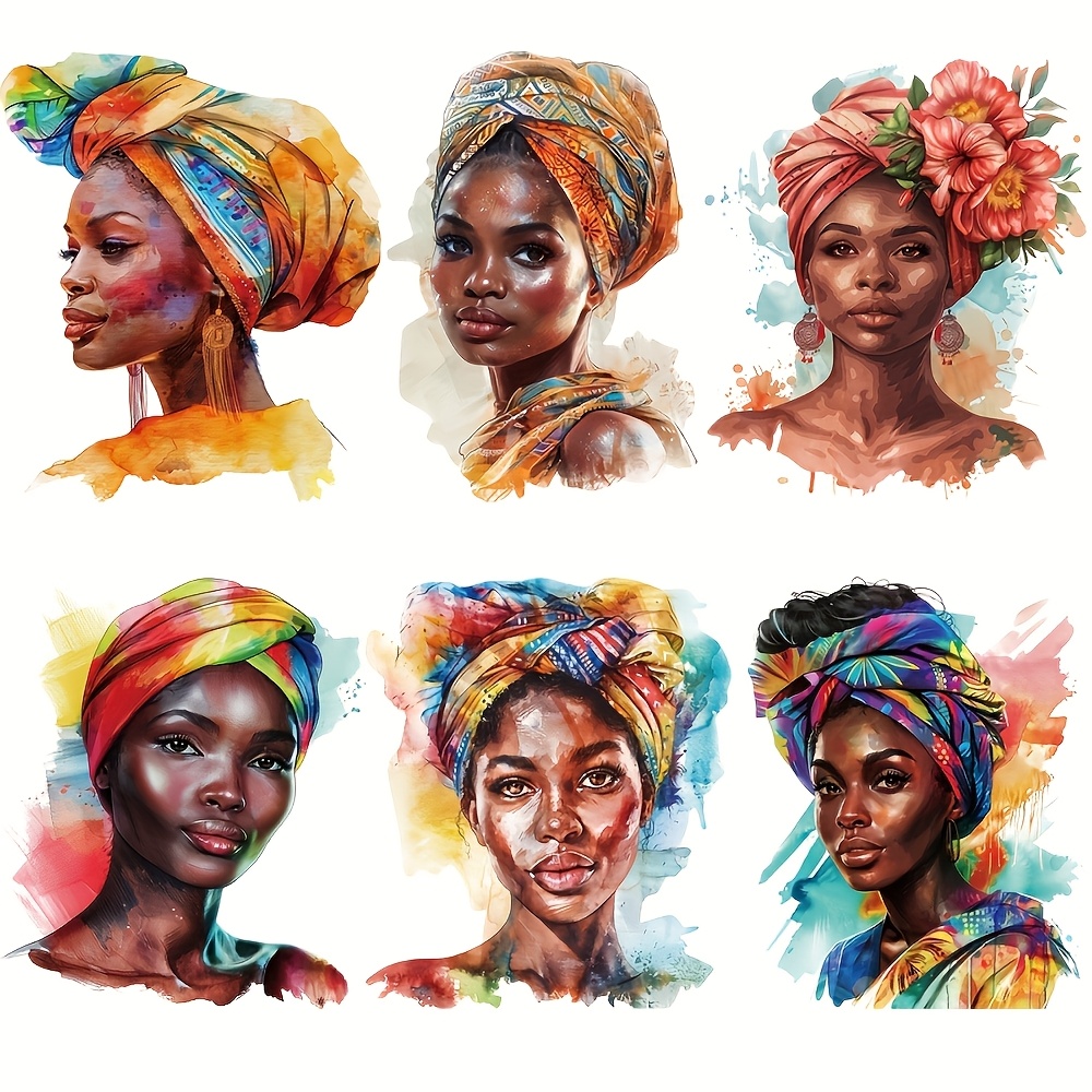 

Lot de 6 autocollants transfert sur tissu pour fille Afro Turban, de presse à chaud en vinyle de couleurs mélangées pour la décoration de t-shirts et vêtements DIY, patches lavables et thermiques