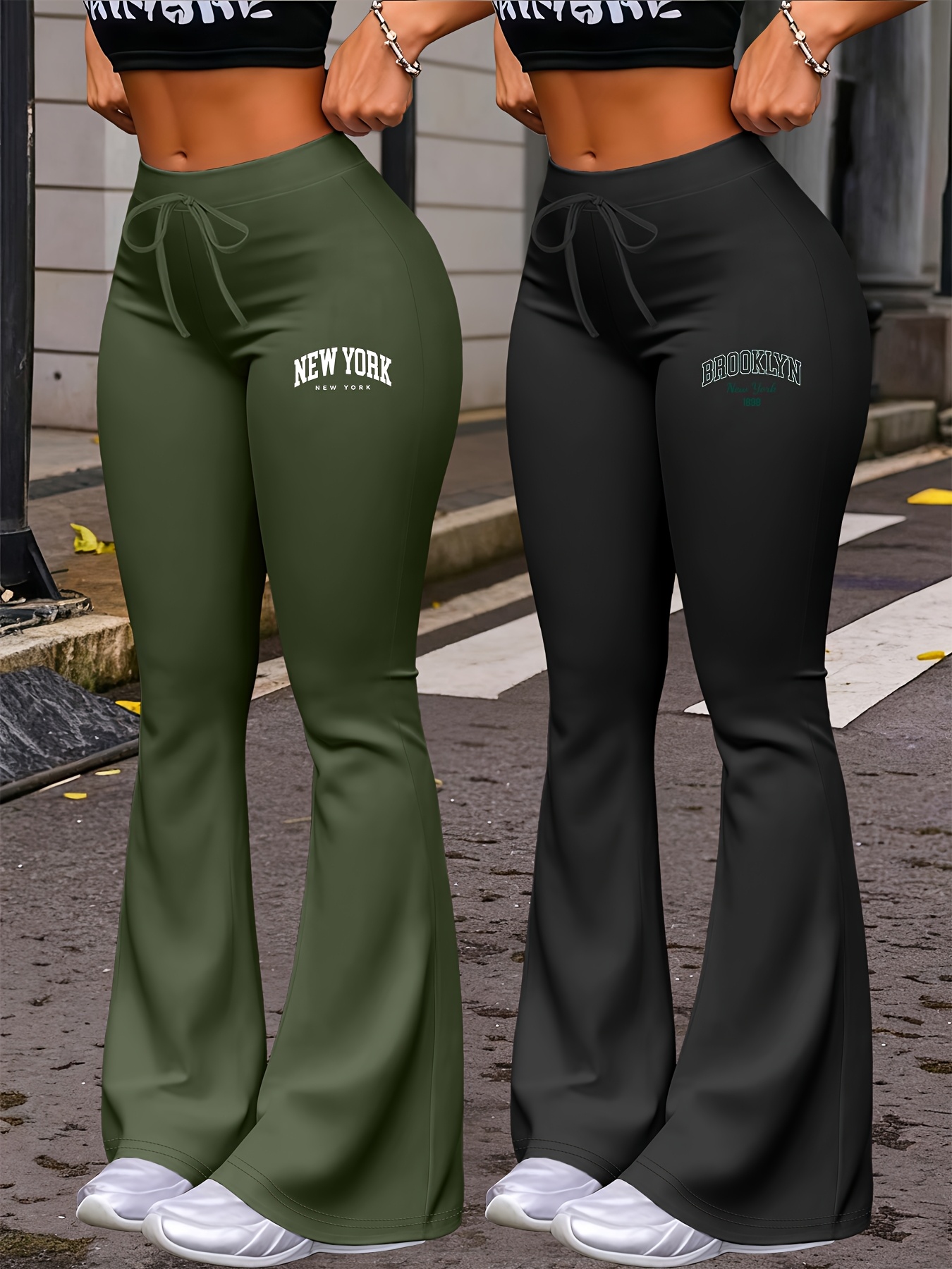 New Autumn Women's Clothing from Europe and America, NEW YORK & BROOKLYN Letter Print, Daily Casual Wear, Two-Pack of Comfortable Slim-Fit Stretch Tapered Straight-Leg Pants with Drawstring Waistband