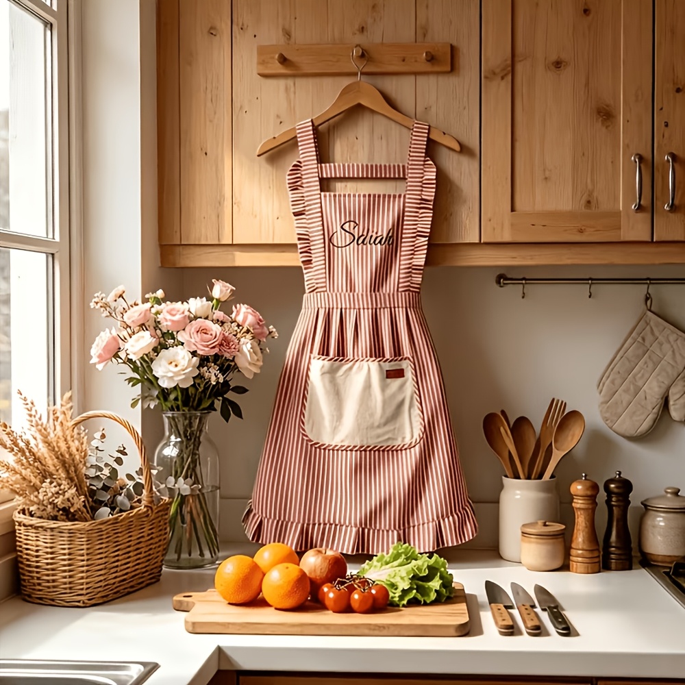 TEMU 1pc Custom Apron With Embroidered Name, With Washable Towel, Home Kitchen Striped Apron, Outdoor Gardening Apron, Fashionable Home Decor,