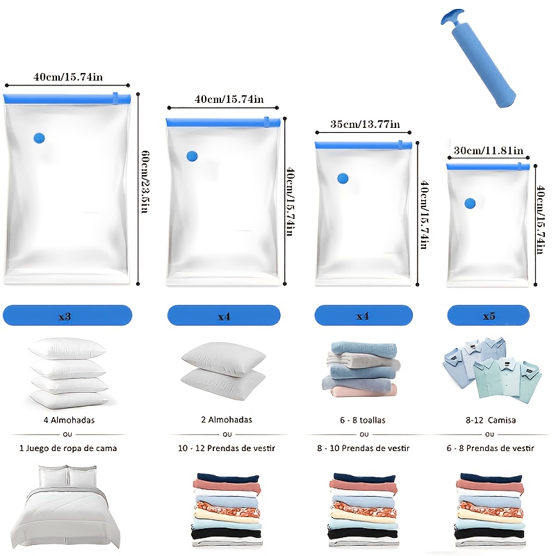 Image of Manual Pump Vacuum Storage Bag Is Included As A Free Gift. Set Includes 16pcs: 5 Small, 4 Medium, 4 Large, And 3 Extra-large. Reusable Vacuum Storage Bags For Travel, Bed Sheets, Moving, And Bedding.