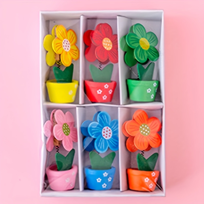 TEMU 6pcs Colorful Wooden Flower Paper Clips - Cute Photo Holders With Green Leaves, Organizing And Decorating, Paper Clips For Crafts