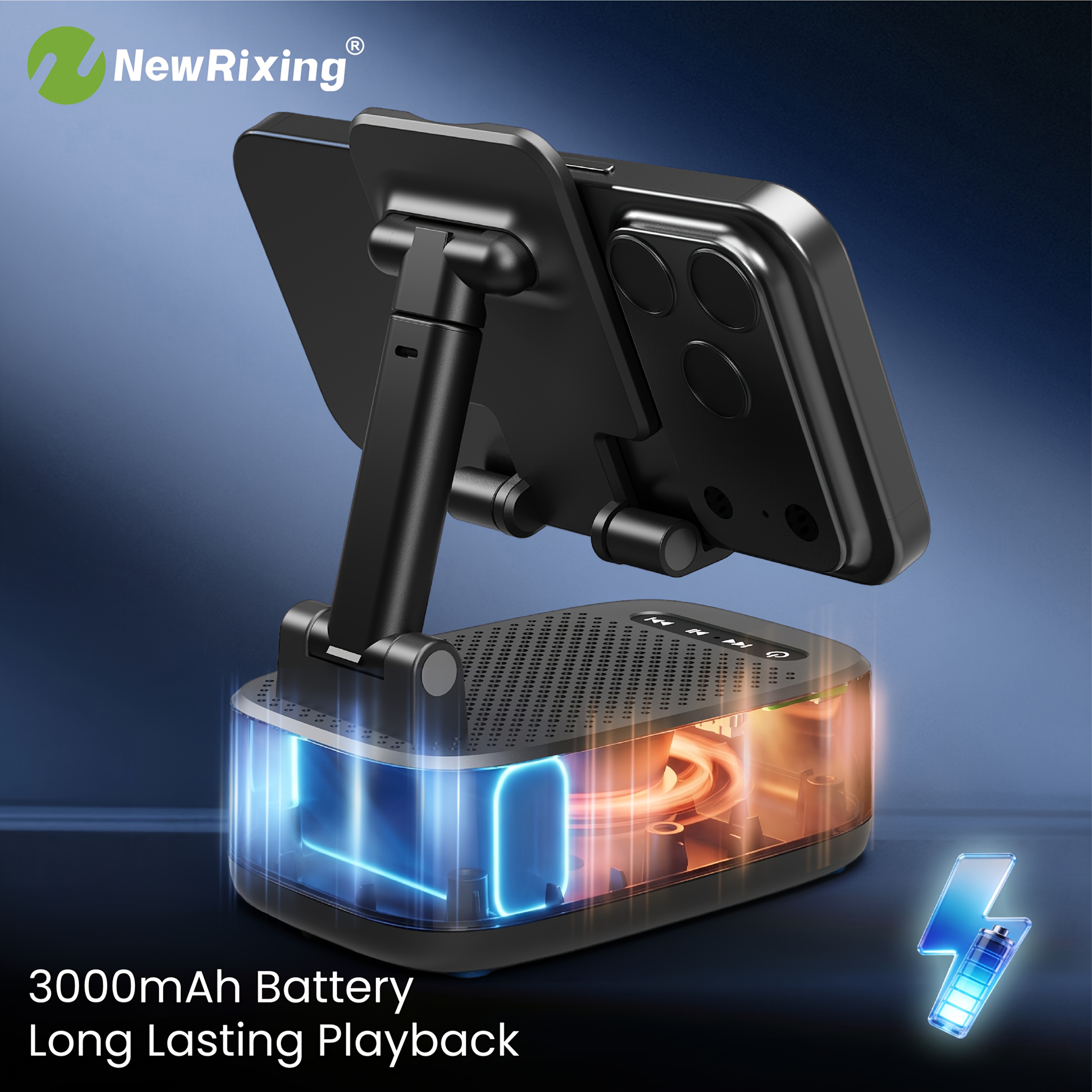 Alto-falantes sem fio NewRixing 6W com suporte para celular, emparelhamento  TWS, bateria de 3000mAh, uso de celular mãos-livres, power bank móvel, suporta reprodução BT, TF, USB, 7 horas de reprodução, qualidade de som Hi-Fi, estéreo alto e graves potentes, carregamento USB-C, para 2
