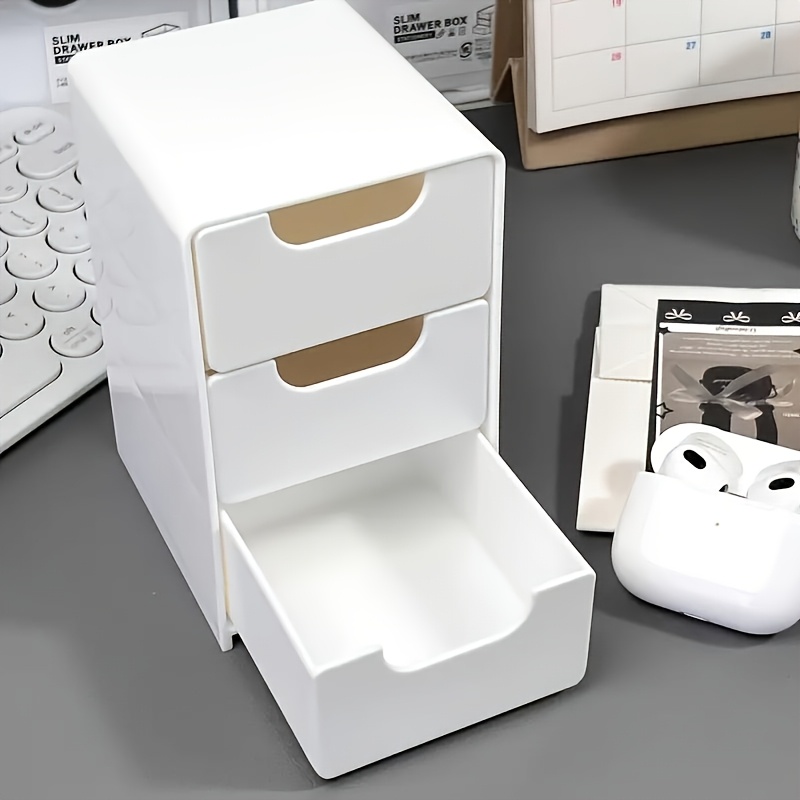1pc Three-compartment Drawer Storage Box, Suitable For Portable Storage Box For Office Supplies, Jewelry , Multi-functional Partition Design, Stackable Lightweight Home Or Office Storage