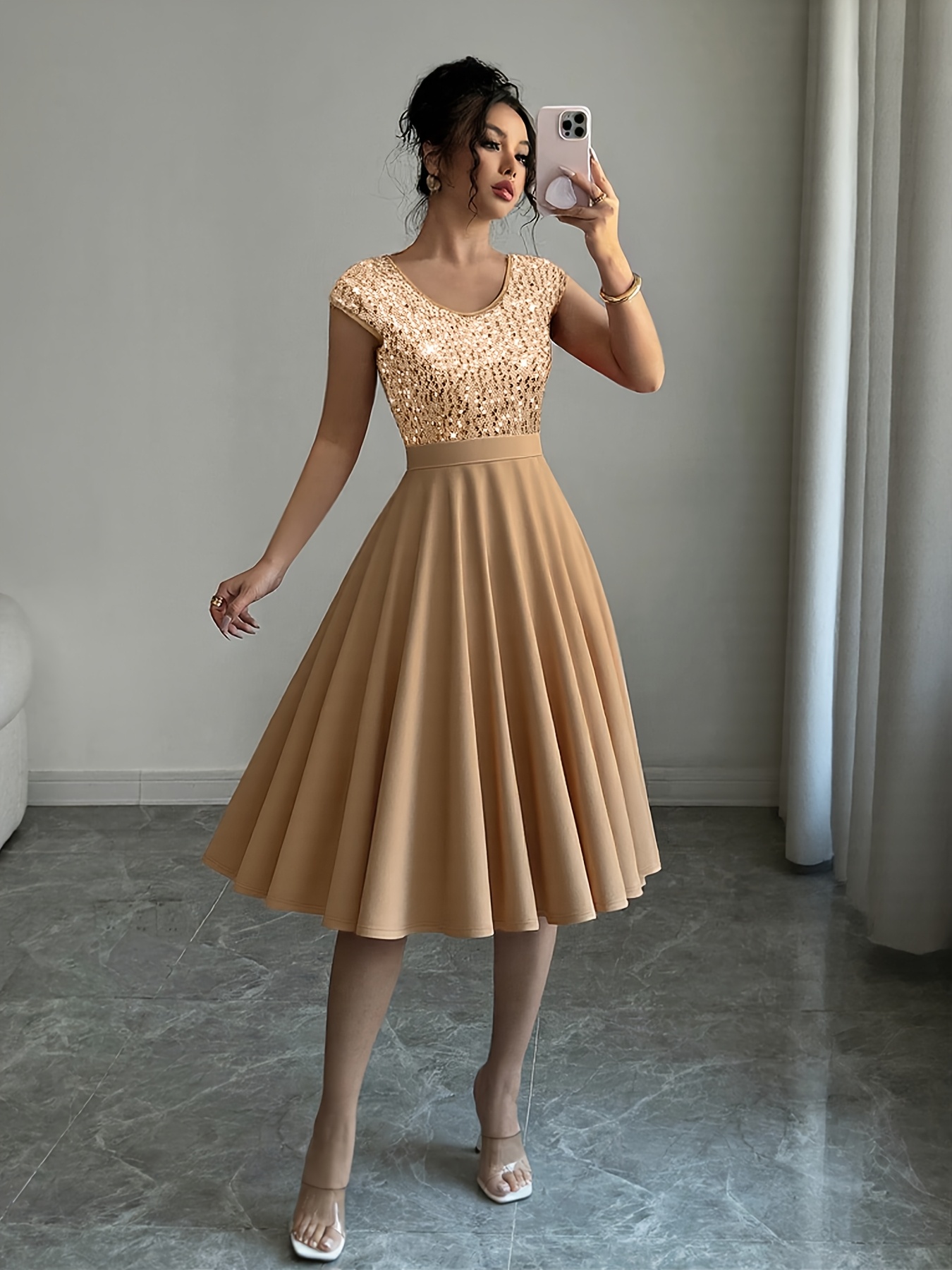 elegant womens shoulder sequin dress a line midi dress Temu