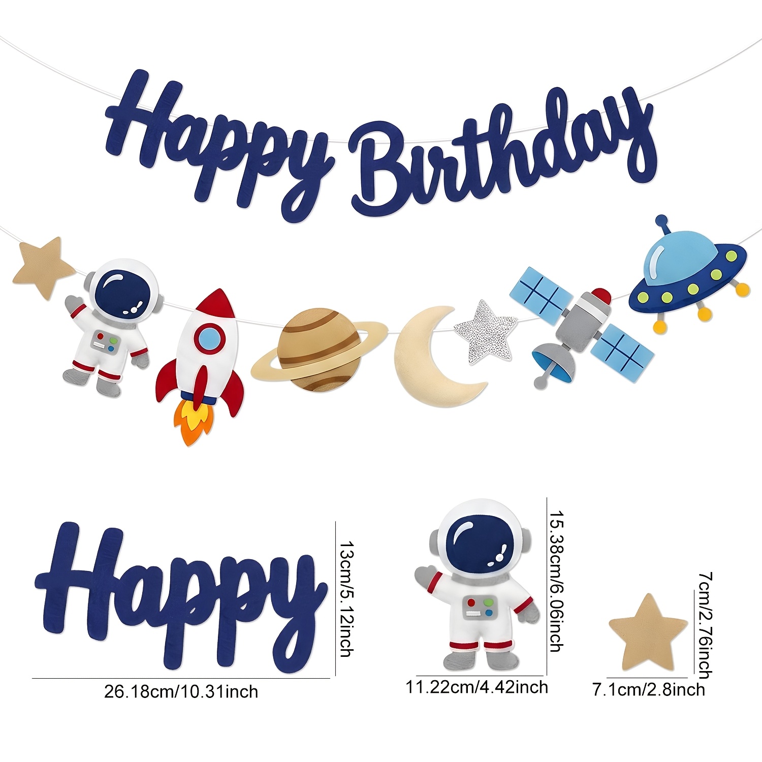 TEMU 2d Flat, 2d Felt, Navy Blue Felt Happy Birthday Banner Set, Outer Space Astronaut Rocket Planet Ufo Moon Star Cutout Garland, Double Strands