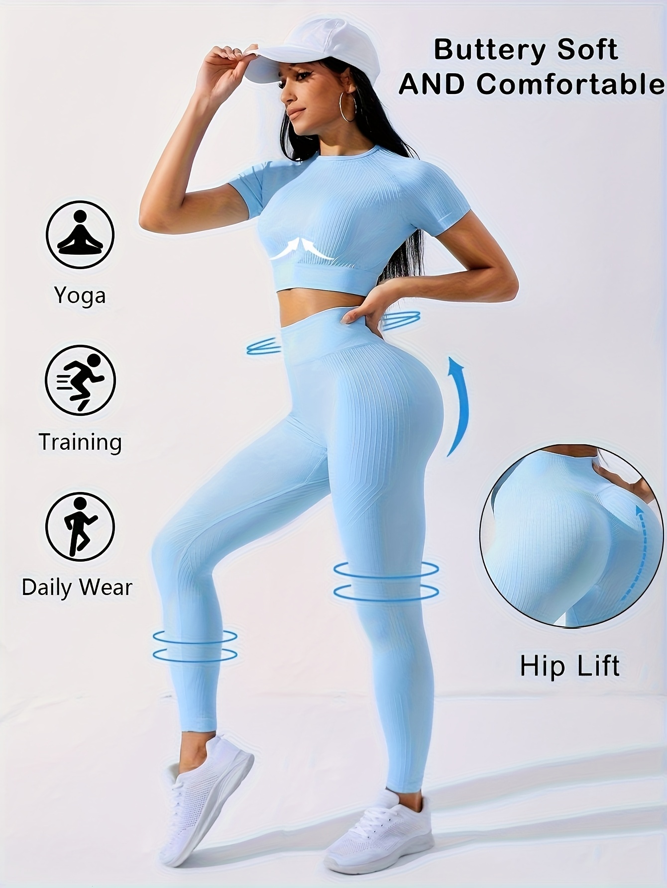 [2pcs Workout Set] Women's 2pcs Workout Set - Yoga Top & Leggings, Crew Neck, Medium Stretch, Solid Color, All-Season Activewear, Workout