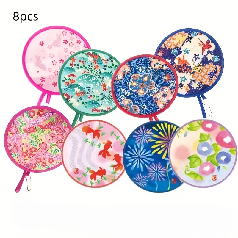 TEMU 8pcs Japanese-style Round Handheld Folding Fans Suitable For Summer Travel, Outdoor, Beach, Weddings & Parties - Portable Foldable Cooling Fans