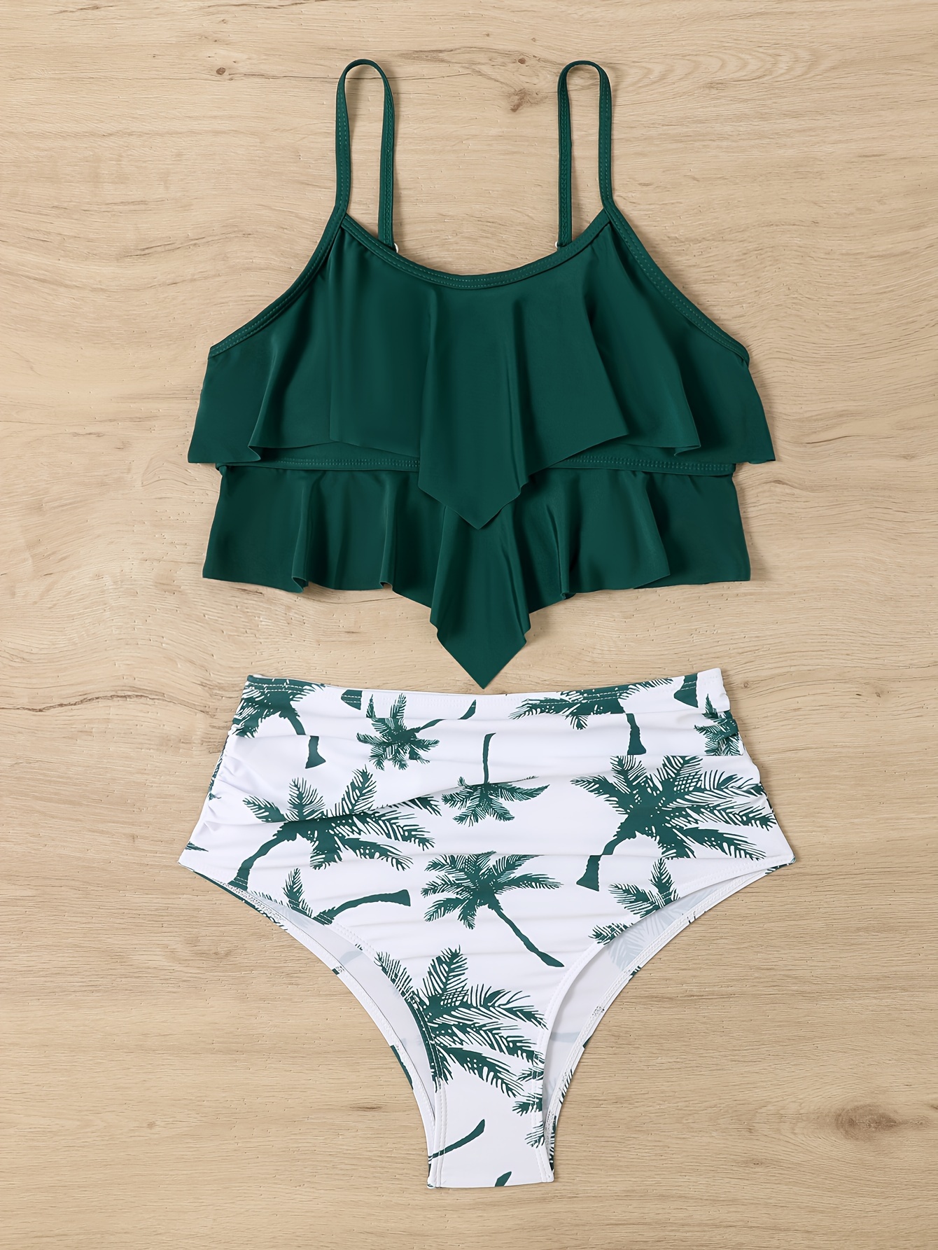 Palm Tree Print Bikini Sets Ruffle Round Neck High Waist High Cut Two Pieces Swimsuit Women s Swimwear Clothing For